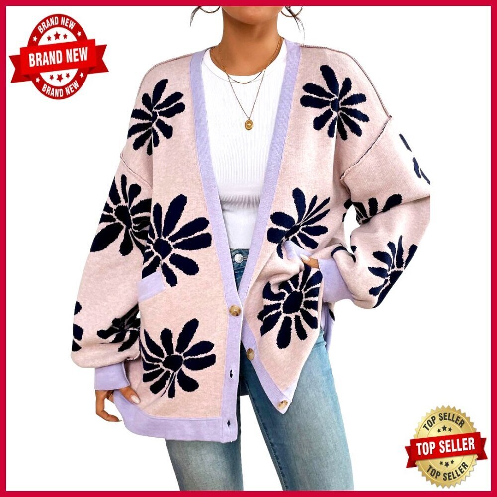 Oversized Cardigan Sweater with Pockets, Daisy Floral Print, V-Neck